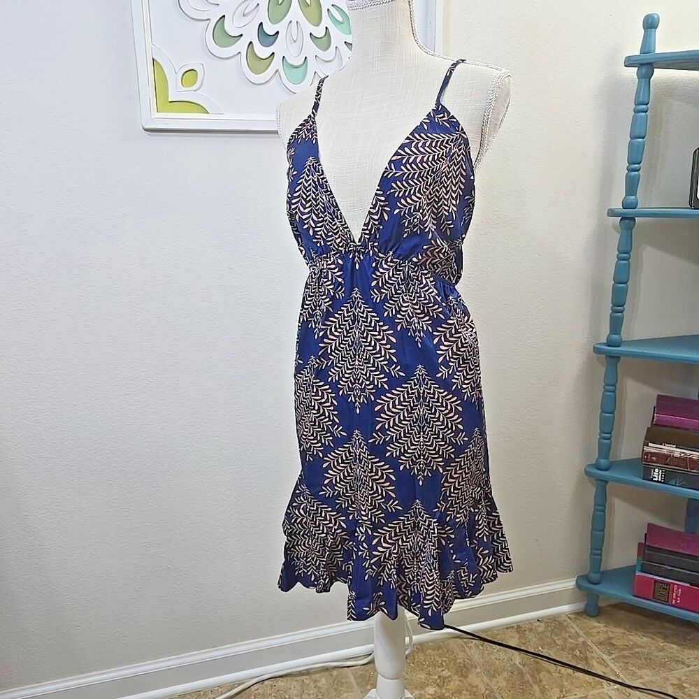 NWT Cupshe Deep V Women's Size XL Dress Blue with Tan Leaves Botanical Summer